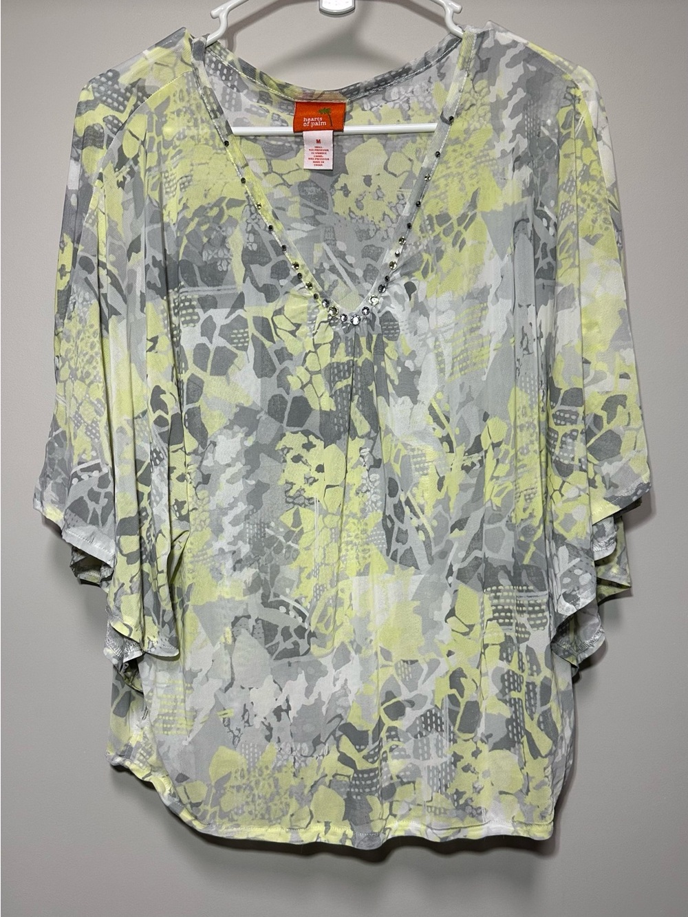 Hearts of Palm Beaded Y2K Mesh V-Neck Butterfly Sleeve Blouse